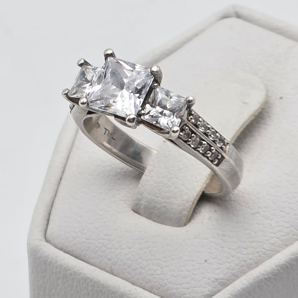 THL SAMUEL AARON 925‎ Silver Princess Cut 3 Stone CZ Ring Sz 7 Engagement Bridal